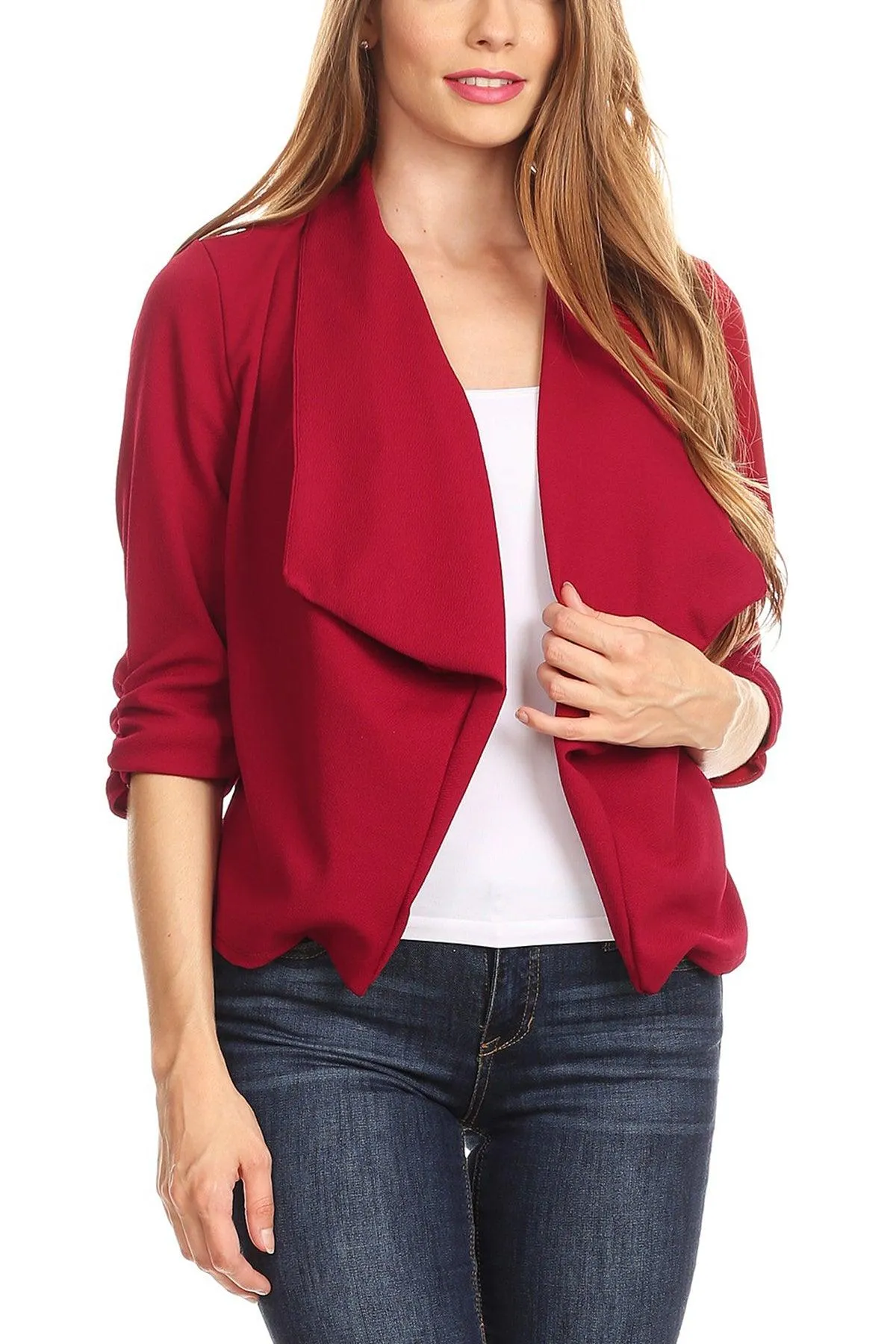 Women's Casual 3/4 Sleeve Fitted Solid Open Front  Blazer Jacket Made in USA