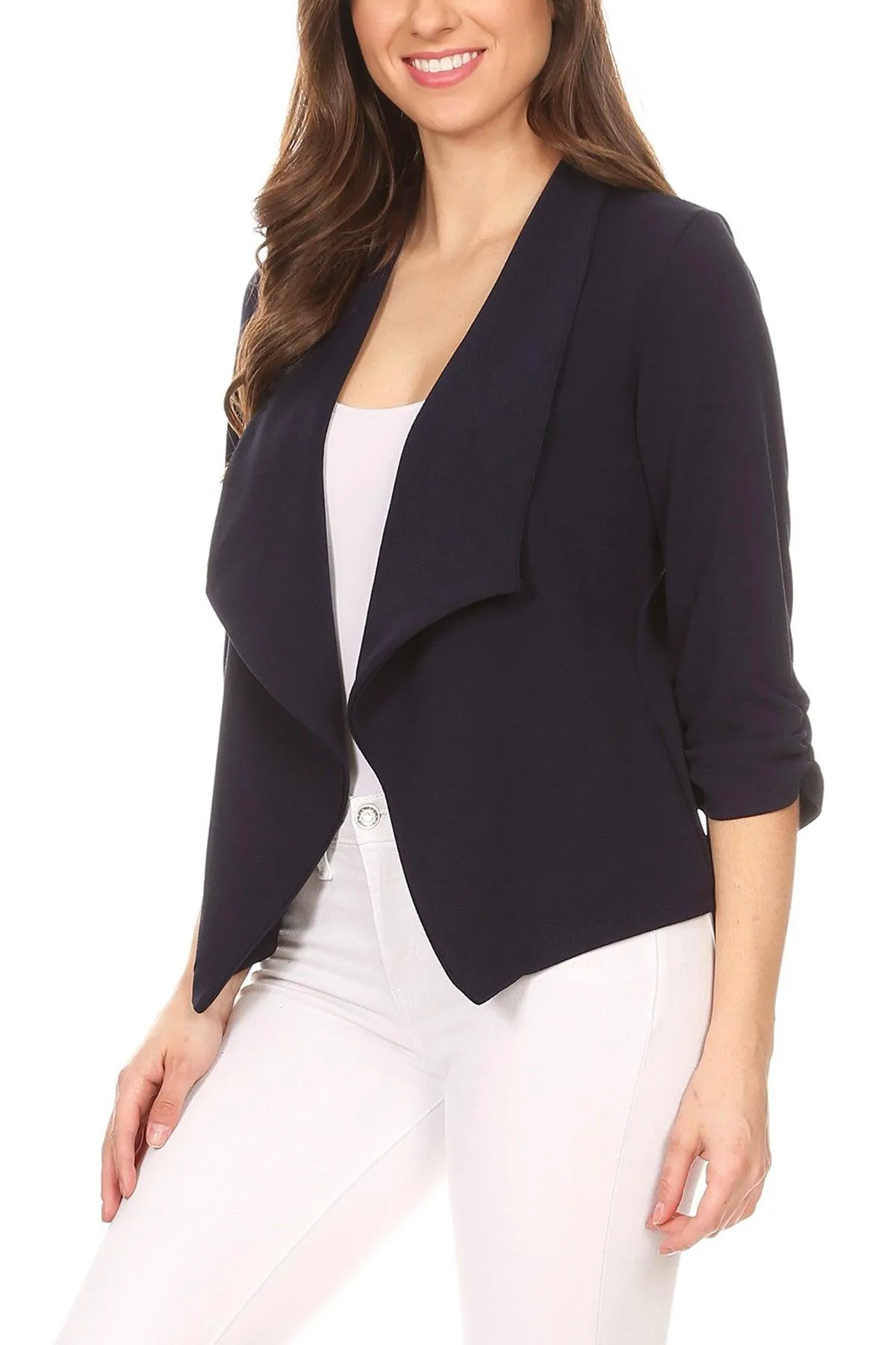 Women's Casual 3/4 Sleeve Fitted Solid Open Front  Blazer Jacket Made in USA