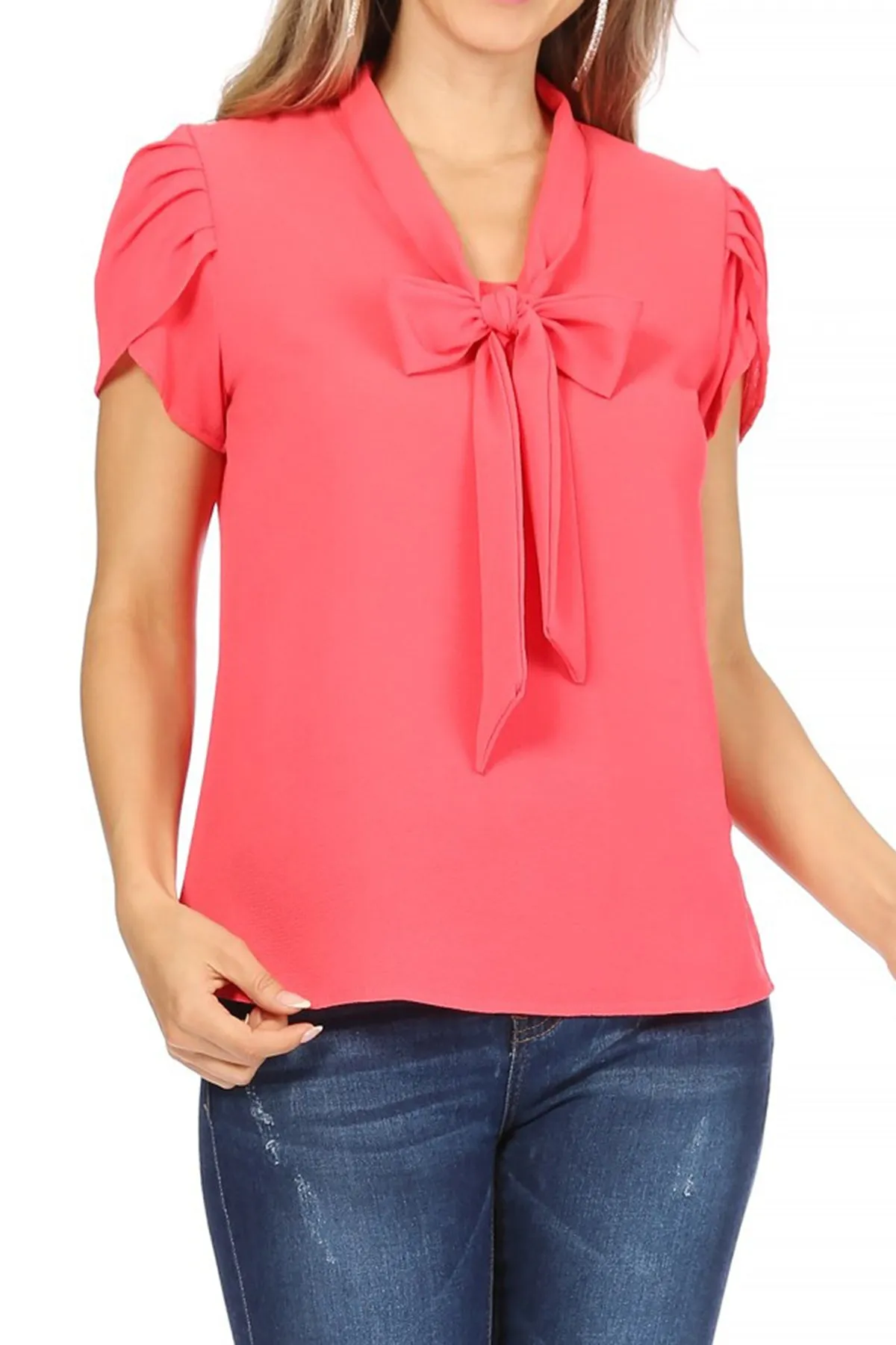 Women's Casual Petal Sleeve Bow Tie Neck Short Sleeve Blouse Top