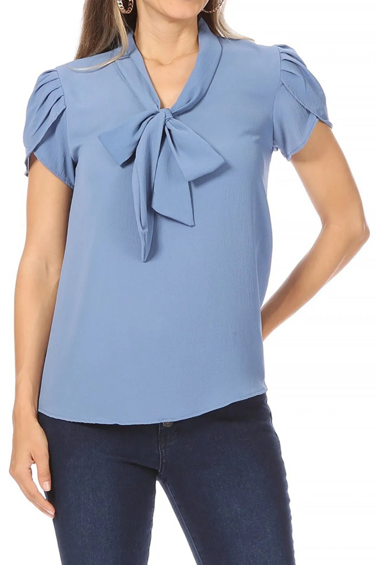 Women's Casual Petal Sleeve Bow Tie Neck Short Sleeve Blouse Top