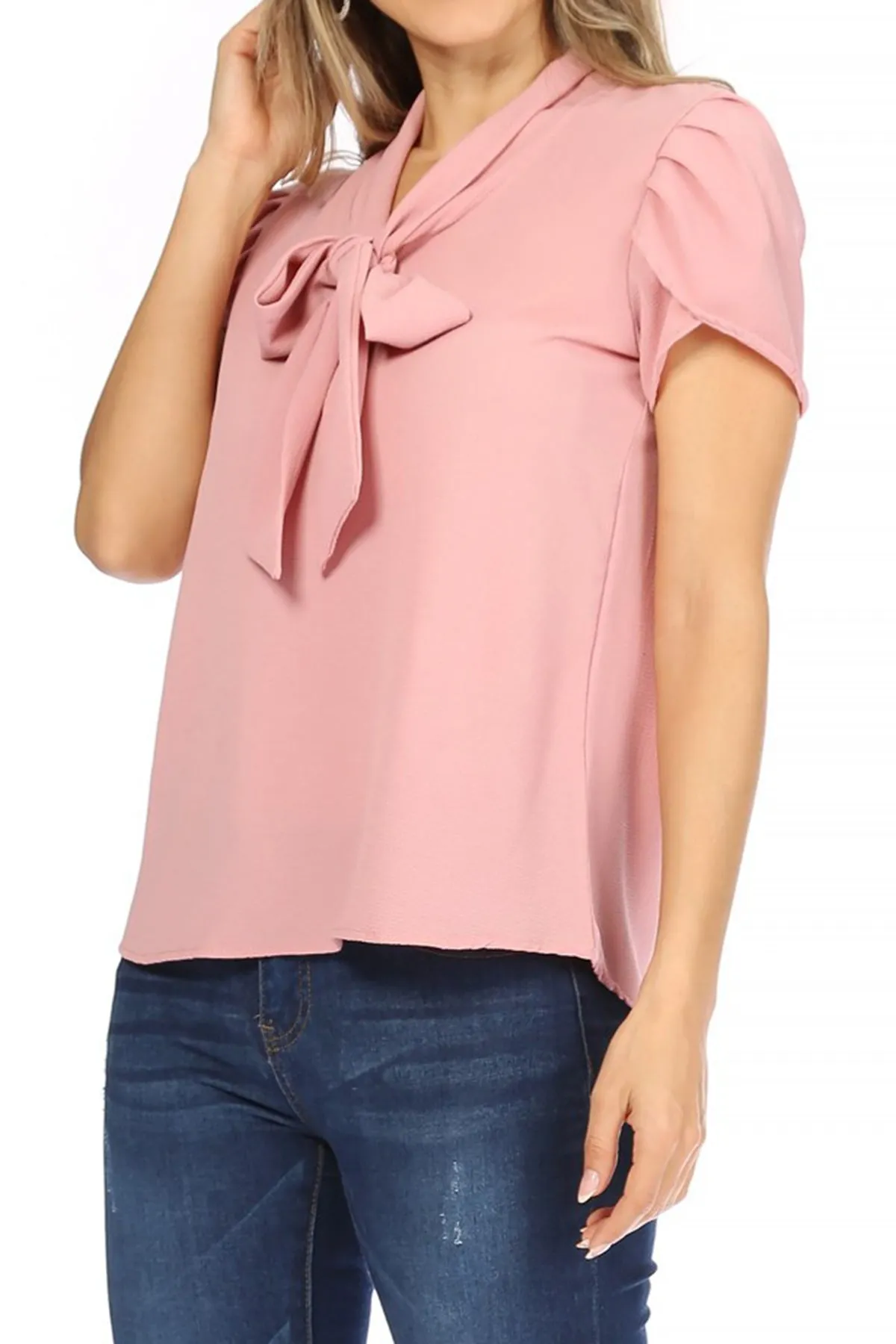 Women's Casual Petal Sleeve Bow Tie Neck Short Sleeve Blouse Top