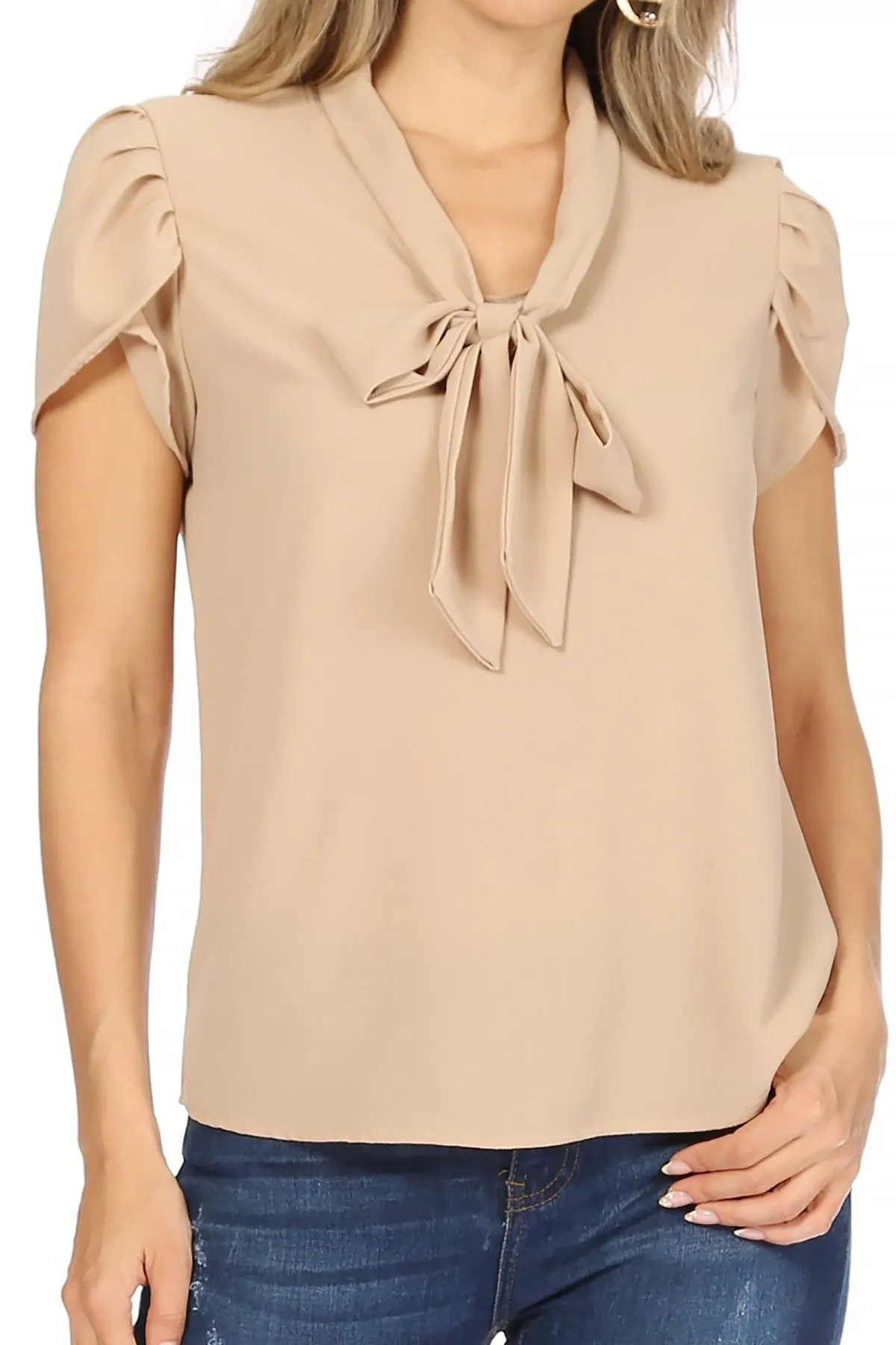 Women's Casual Petal Sleeve Bow Tie Neck Short Sleeve Blouse Top