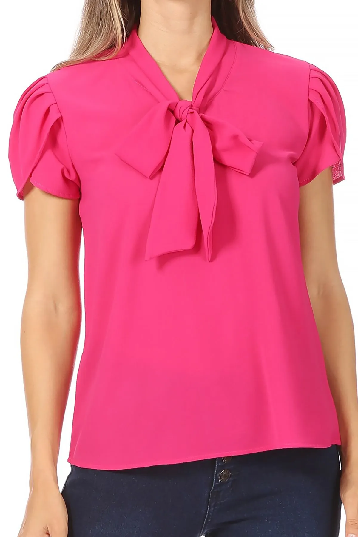 Women's Casual Petal Sleeve Bow Tie Neck Short Sleeve Blouse Top