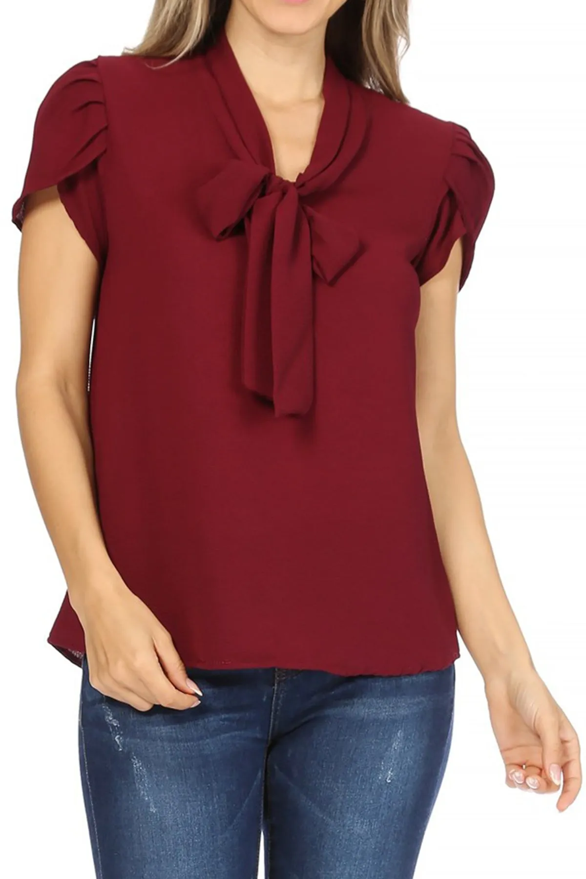 Women's Casual Petal Sleeve Bow Tie Neck Short Sleeve Blouse Top