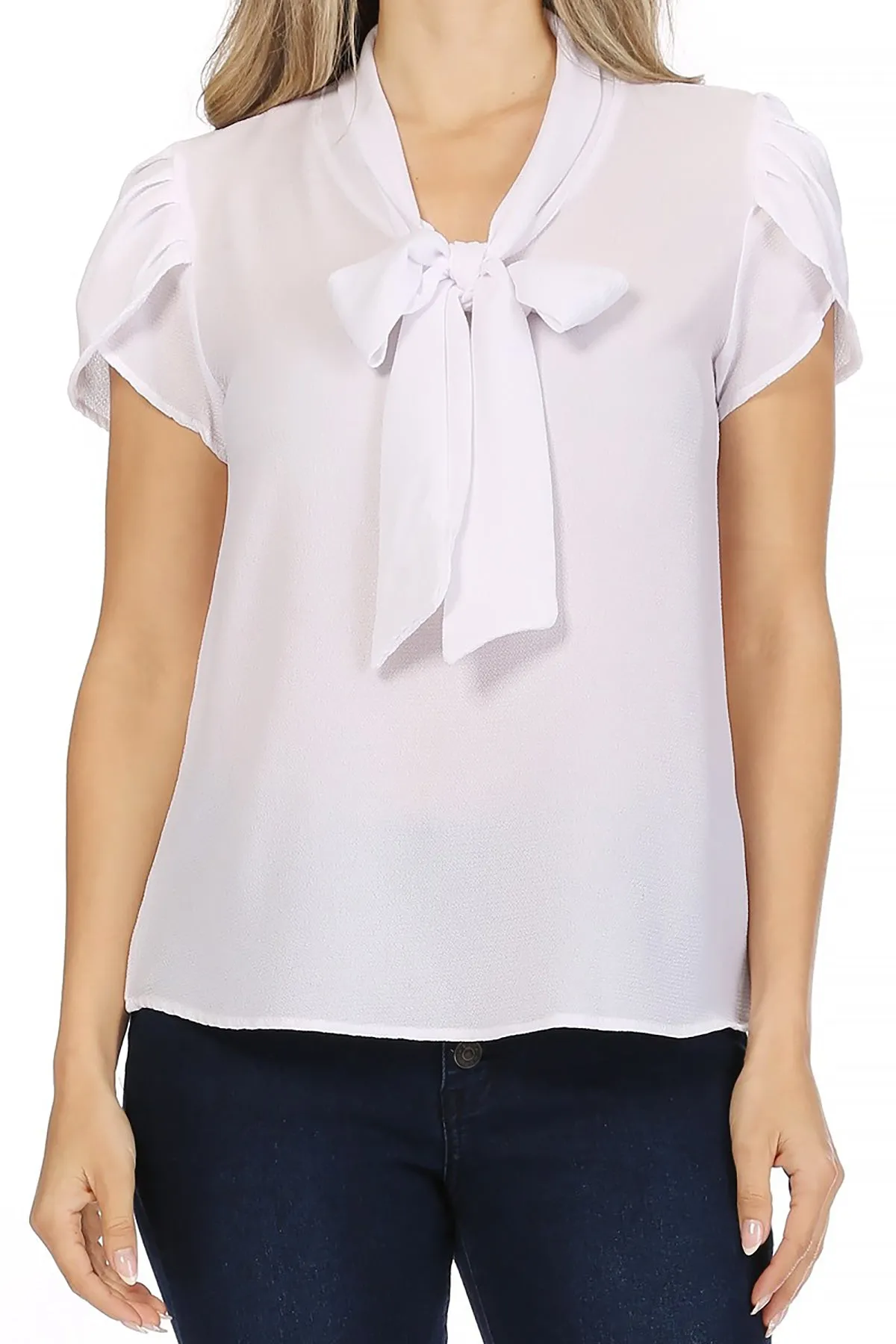 Women's Casual Petal Sleeve Bow Tie Neck Short Sleeve Blouse Top