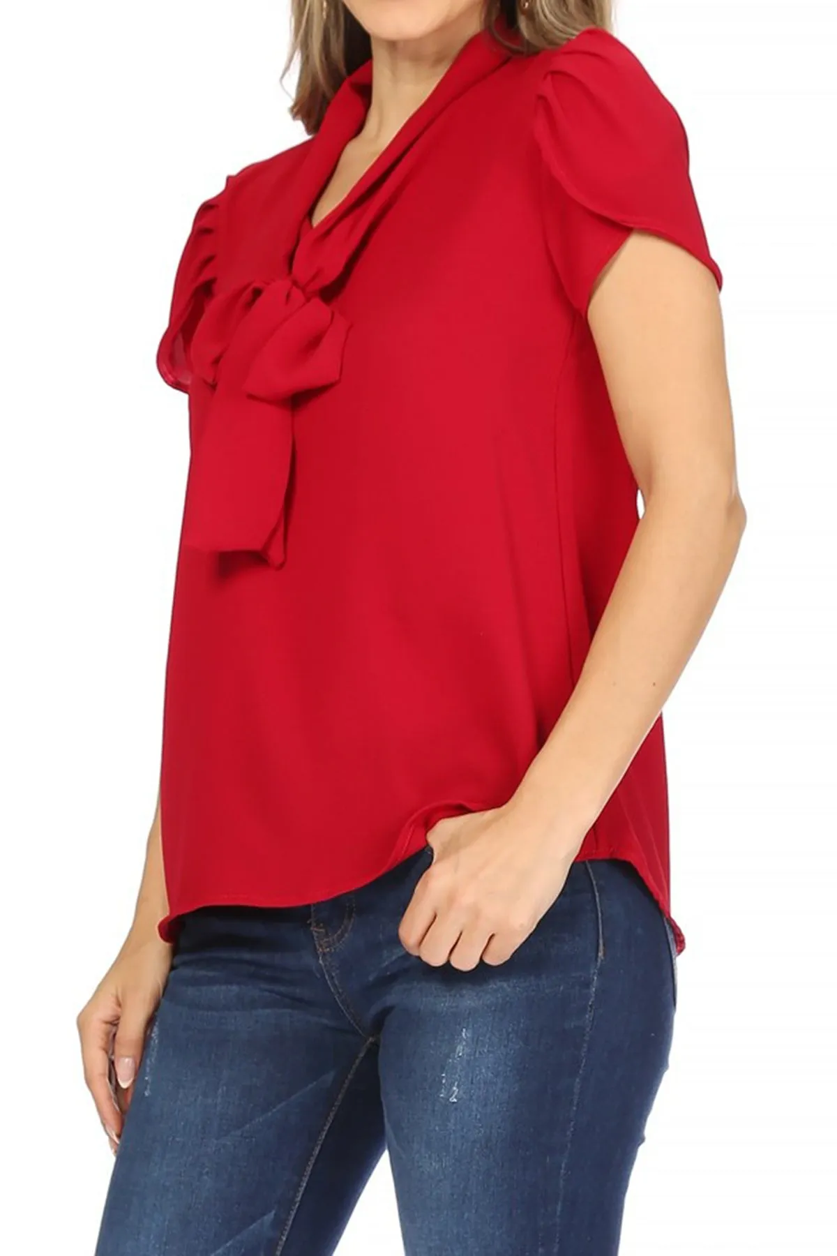 Women's Casual Petal Sleeve Bow Tie Neck Short Sleeve Blouse Top