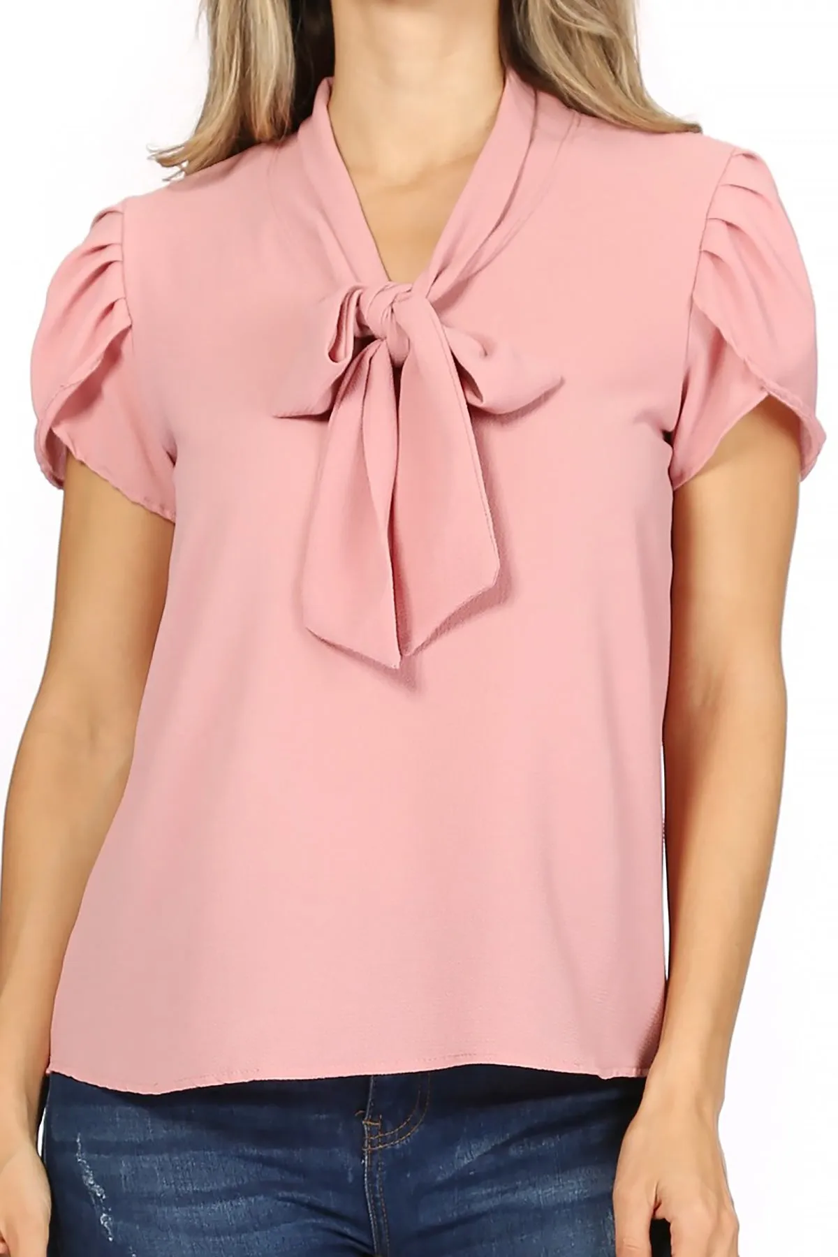 Women's Casual Petal Sleeve Bow Tie Neck Short Sleeve Blouse Top