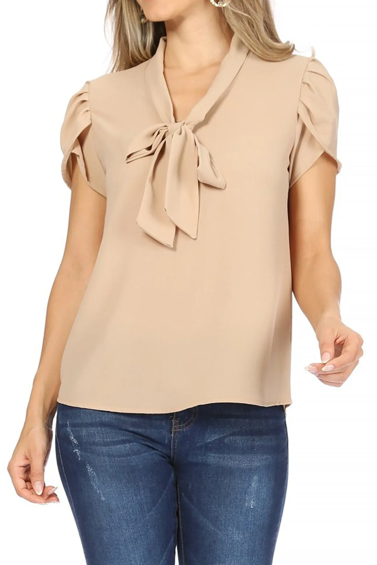 Women's Casual Petal Sleeve Bow Tie Neck Short Sleeve Blouse Top