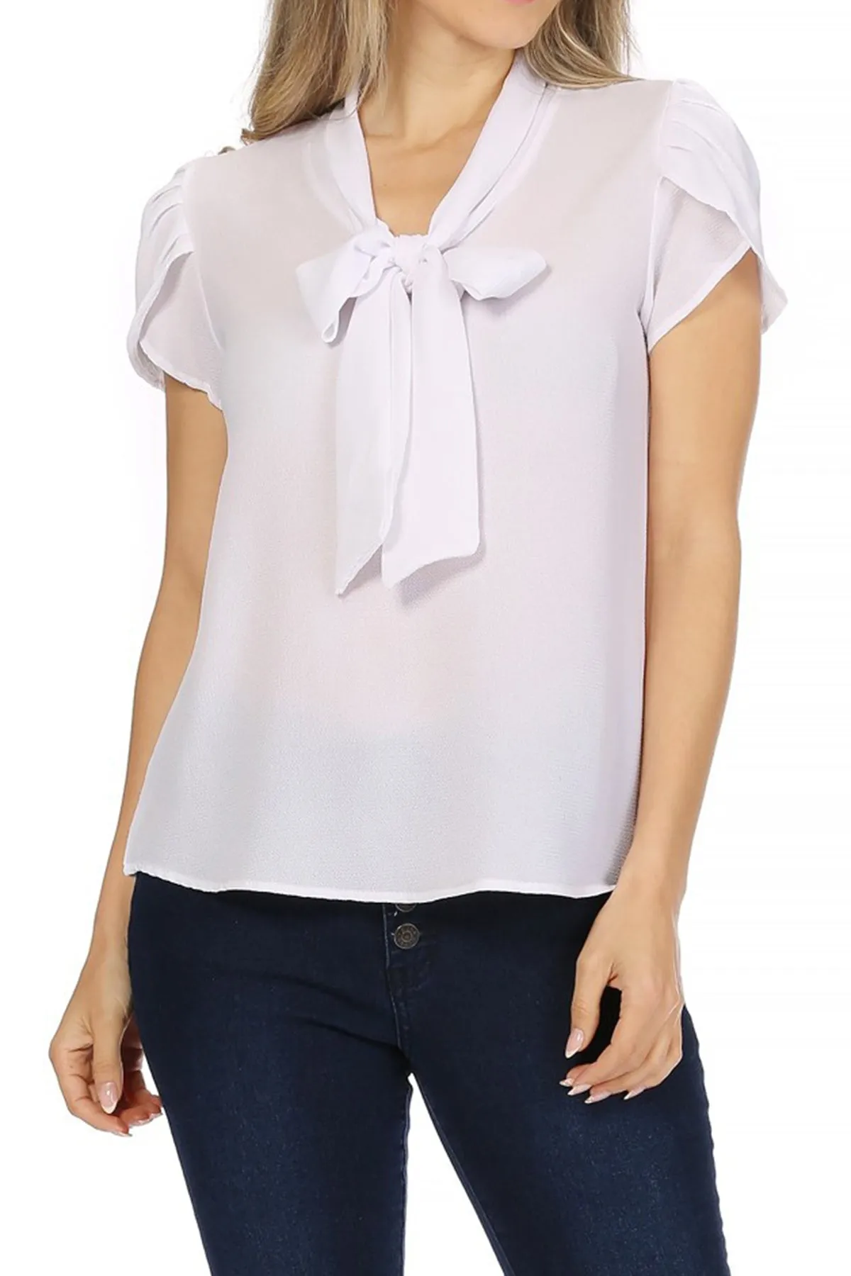 Women's Casual Petal Sleeve Bow Tie Neck Short Sleeve Blouse Top