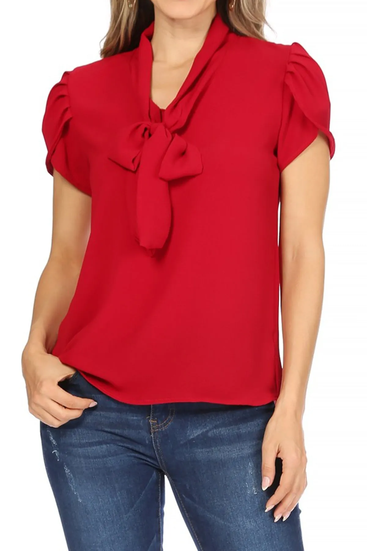 Women's Casual Petal Sleeve Bow Tie Neck Short Sleeve Blouse Top