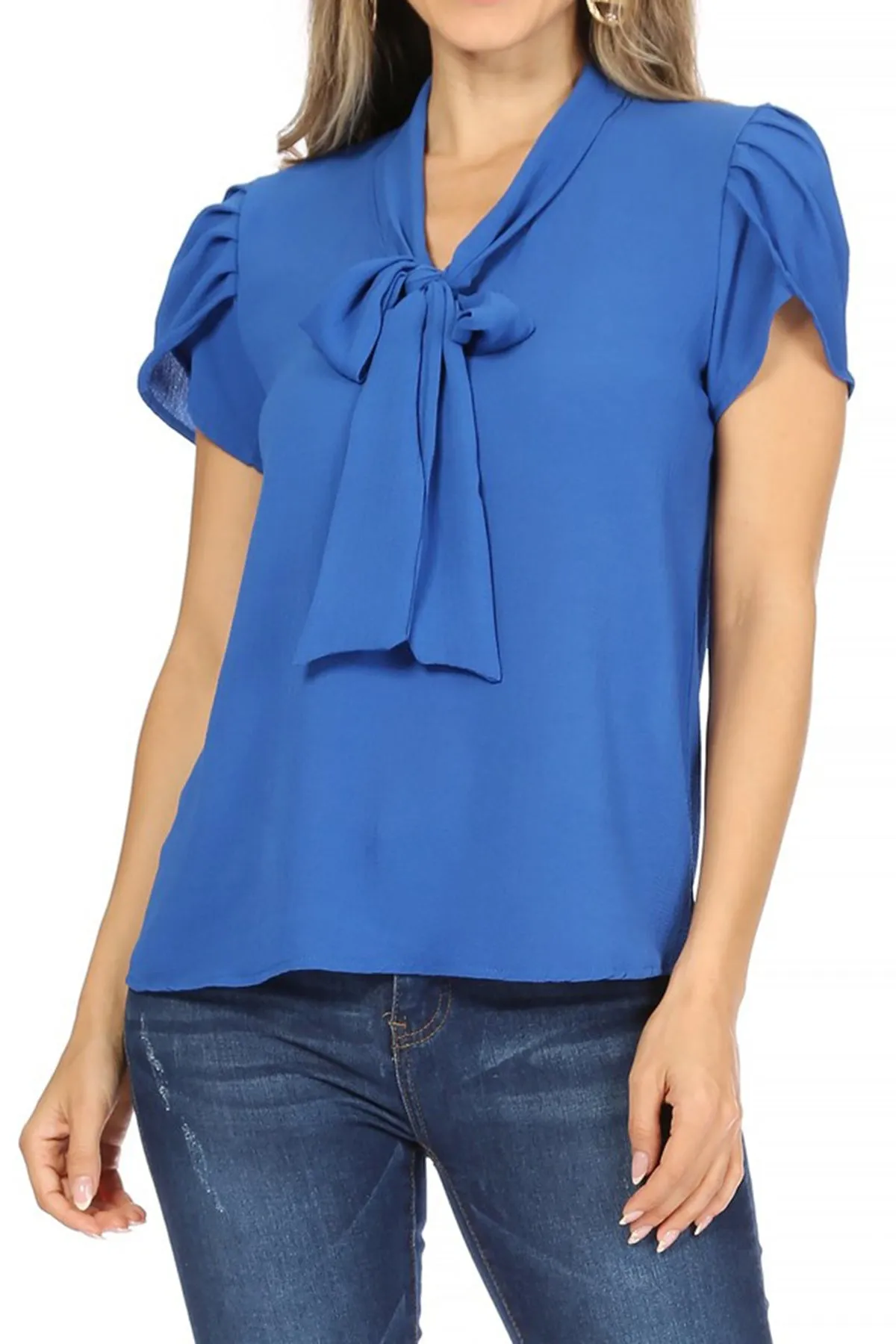 Women's Casual Petal Sleeve Bow Tie Neck Short Sleeve Blouse Top