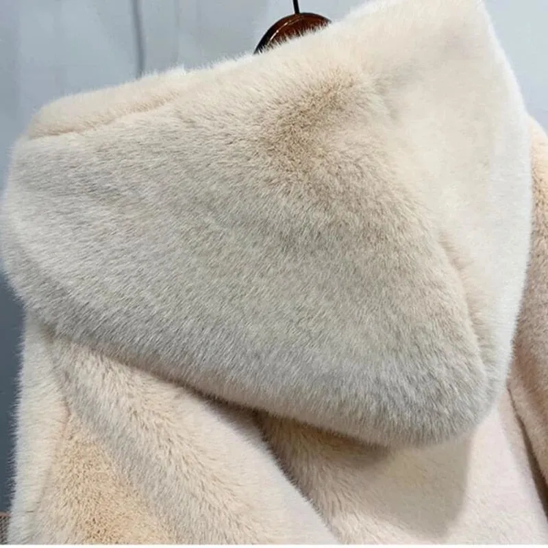 Women's Hooded Rabbit faux fur Long coat Thick and warm