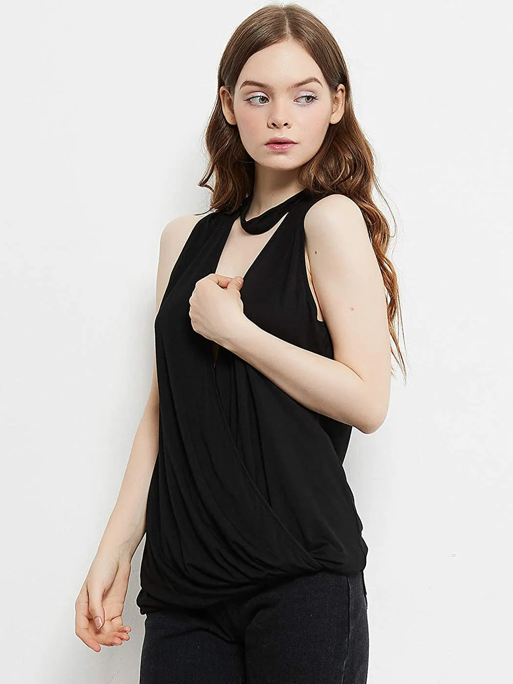 Women's Sleeveless Front Keyhole V Neck Vest Shirt Blouse Tank Top