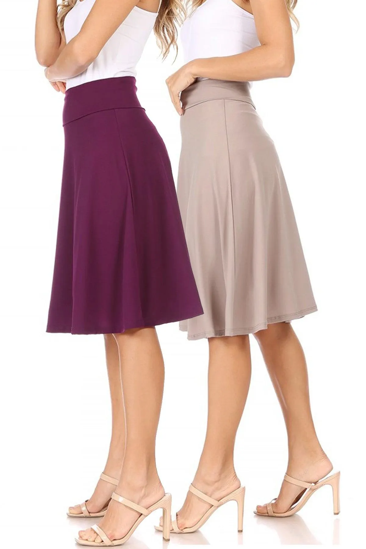 Women's Solid Flare A-line Midi Skirt with Elastic Waistband (Pack of 2)