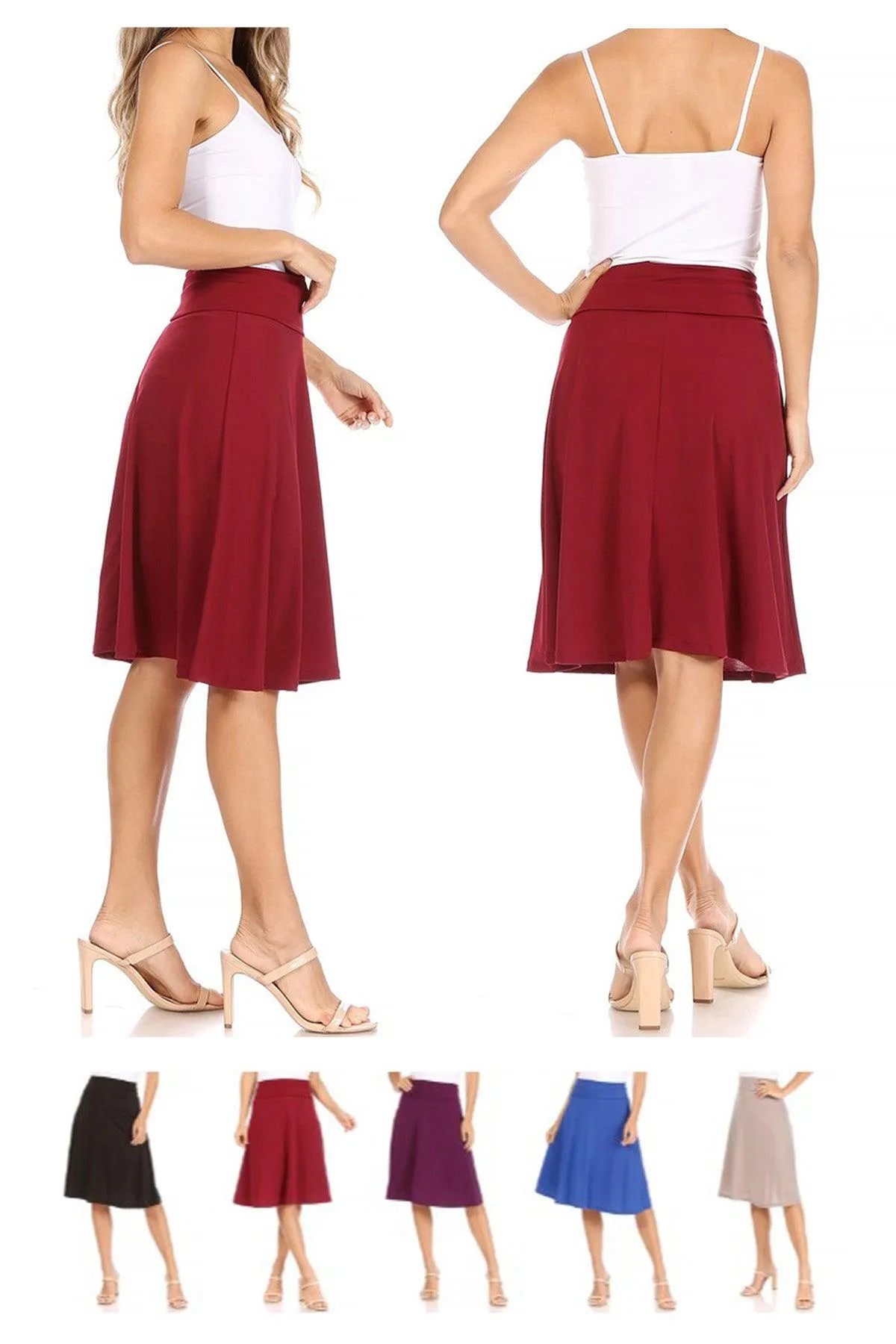 Women's Solid Flare A-line Midi Skirt with Elastic Waistband (Pack of 2)