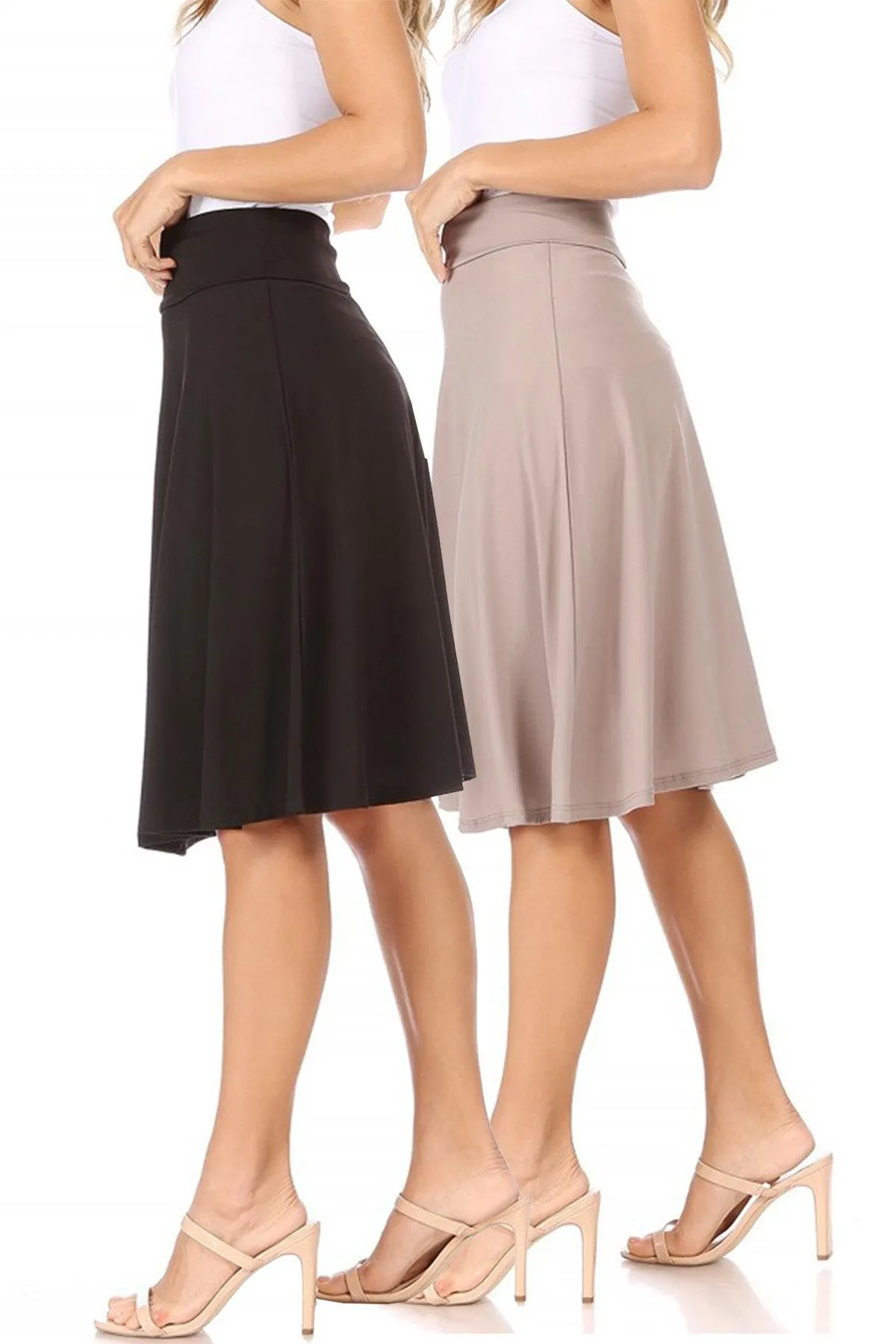 Women's Solid Flare A-line Midi Skirt with Elastic Waistband (Pack of 2)