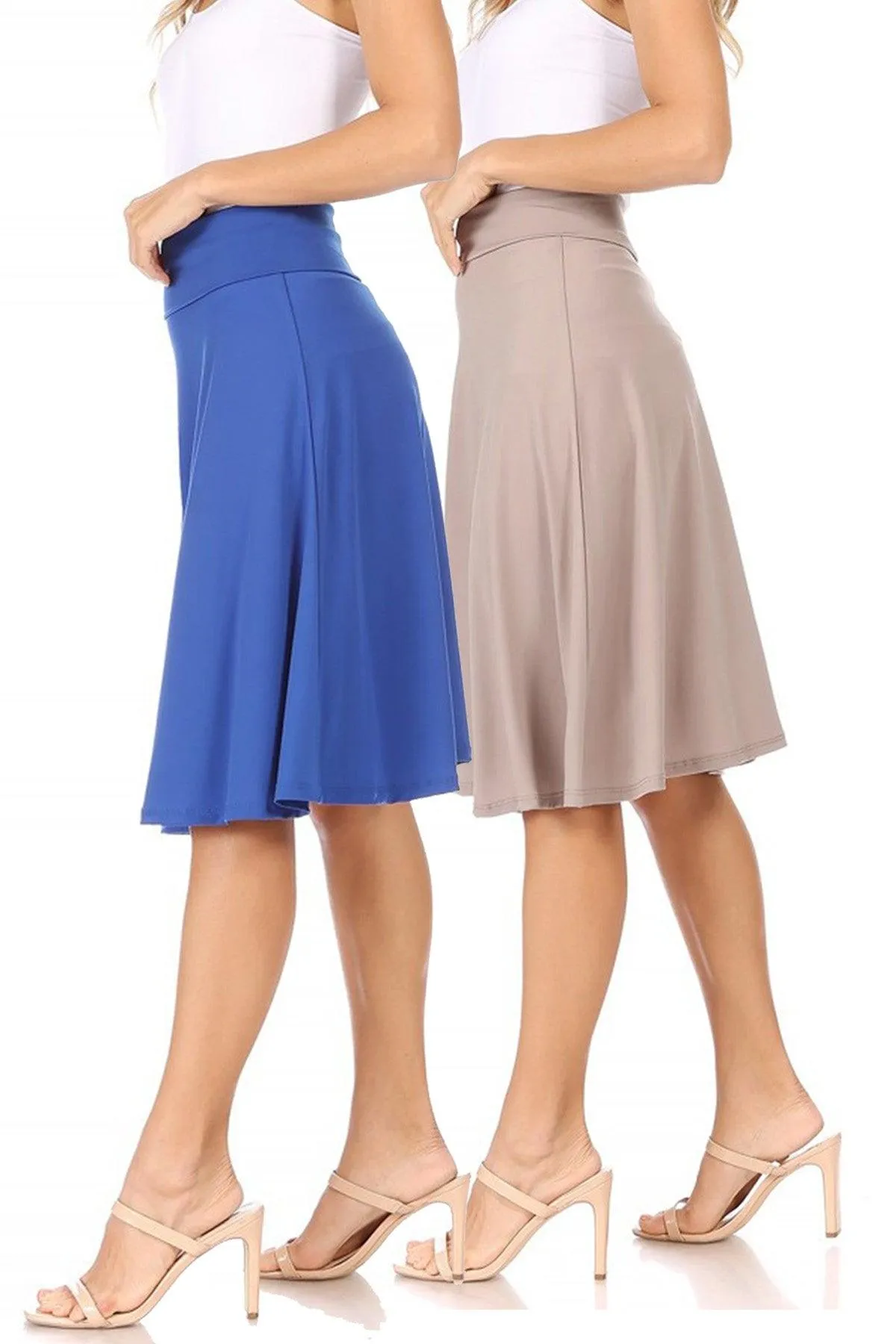 Women's Solid Flare A-line Midi Skirt with Elastic Waistband (Pack of 2)