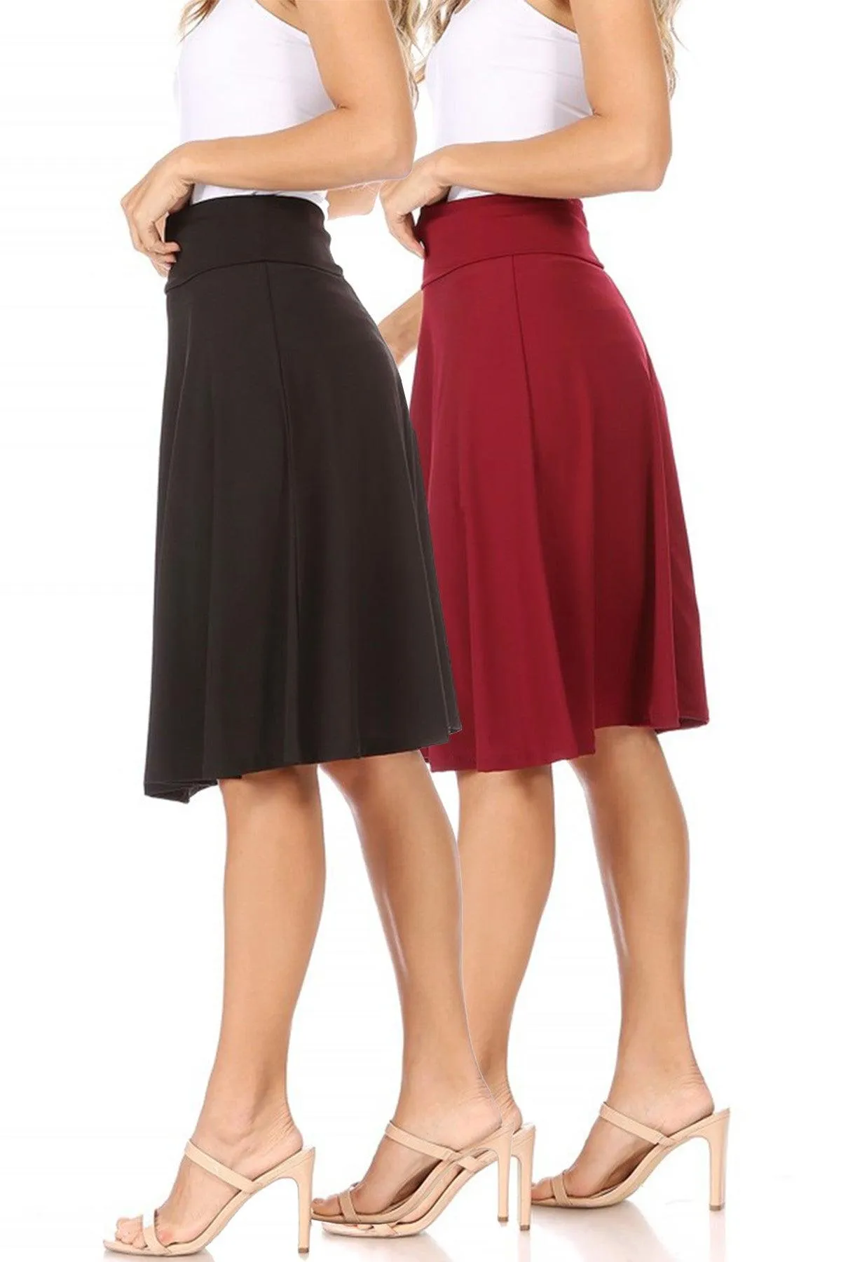 Women's Solid Flare A-line Midi Skirt with Elastic Waistband (Pack of 2)