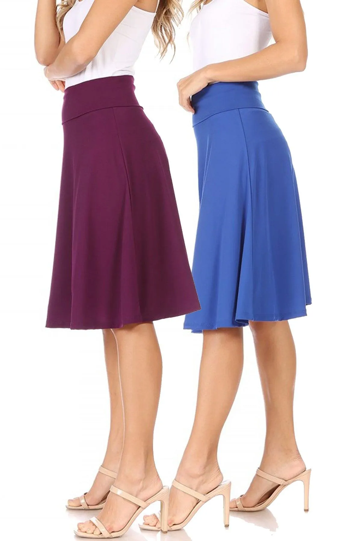 Women's Solid Flare A-line Midi Skirt with Elastic Waistband (Pack of 2)