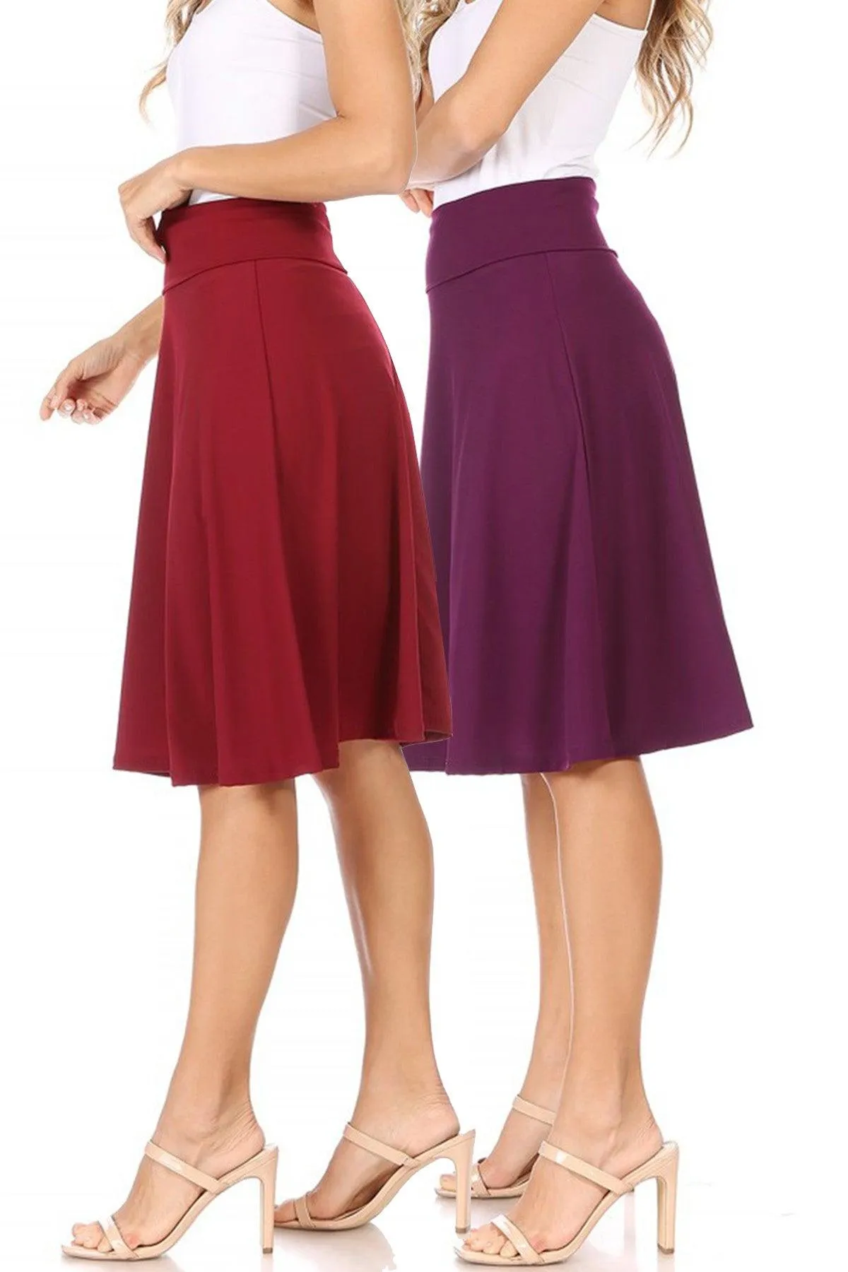 Women's Solid Flare A-line Midi Skirt with Elastic Waistband (Pack of 2)