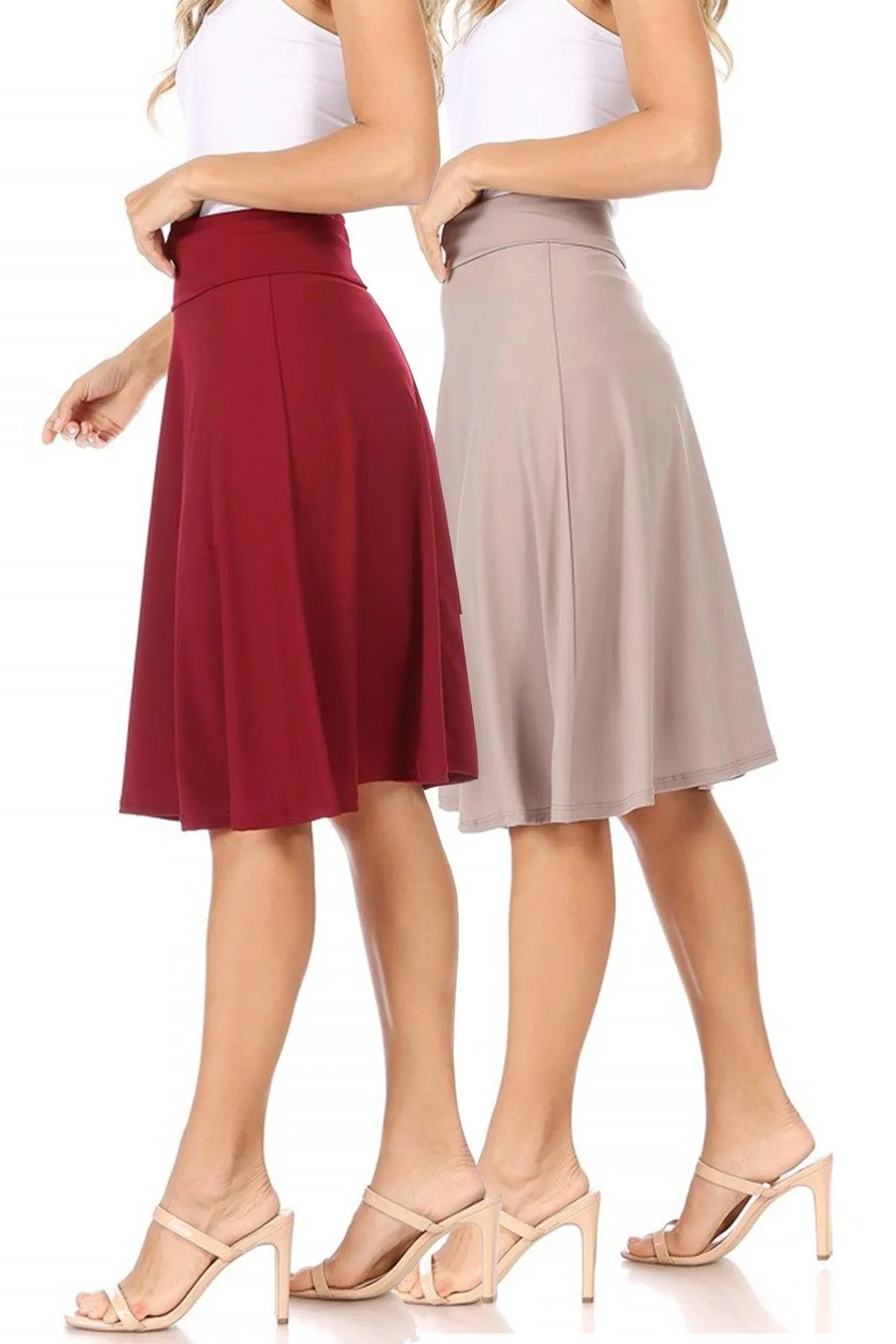 Women's Solid Flare A-line Midi Skirt with Elastic Waistband (Pack of 2)