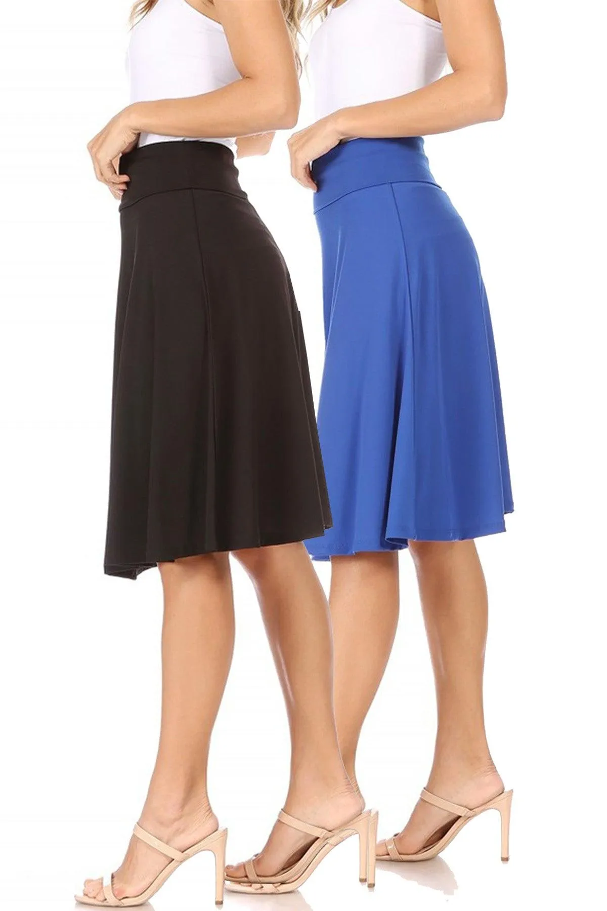 Women's Solid Flare A-line Midi Skirt with Elastic Waistband (Pack of 2)