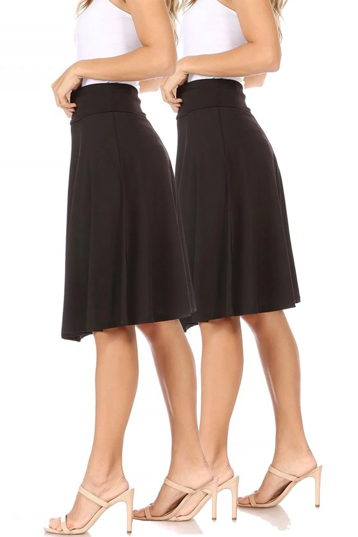 Women's Solid Flare A-line Midi Skirt with Elastic Waistband (Pack of 2)