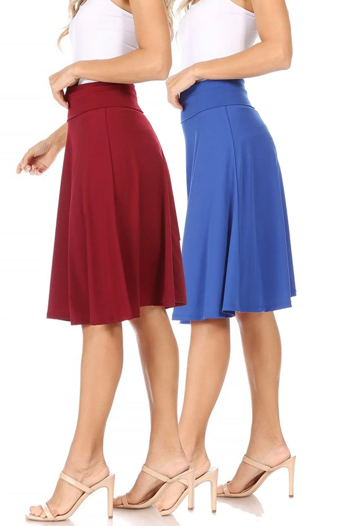 Women's Solid Flare A-line Midi Skirt with Elastic Waistband (Pack of 2)