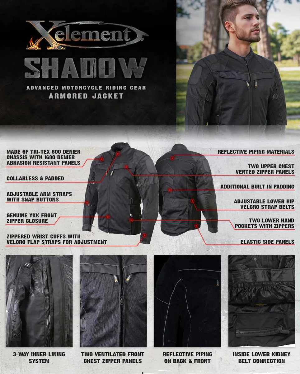 Xelement XS8160 Men's 'Shadow' All Season Black Tri-Tex and Mesh Motorcycle Rider Jacket with X-Armor Protection