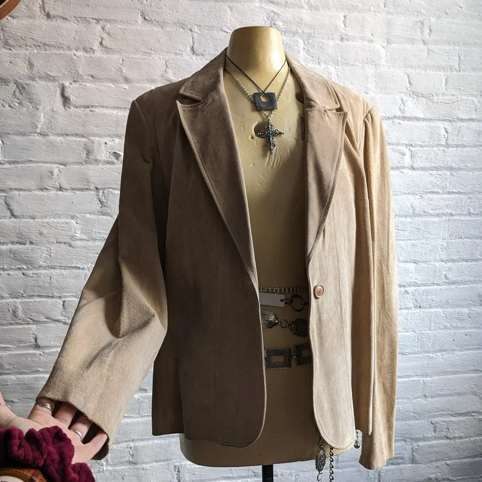 Y2K Vintage Tan Suede Leather Jacket Neutral Western Minimalist Boho Chic Coat