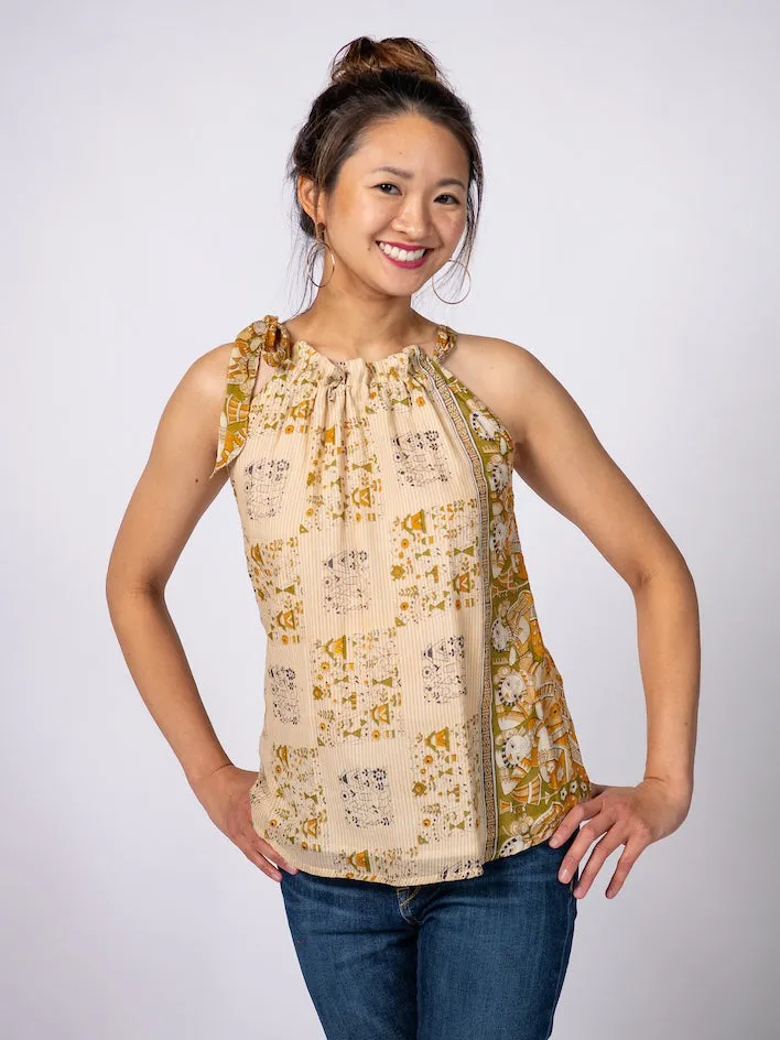 Yellow with Brown Paisley Tie-Neck Halter Top - XS