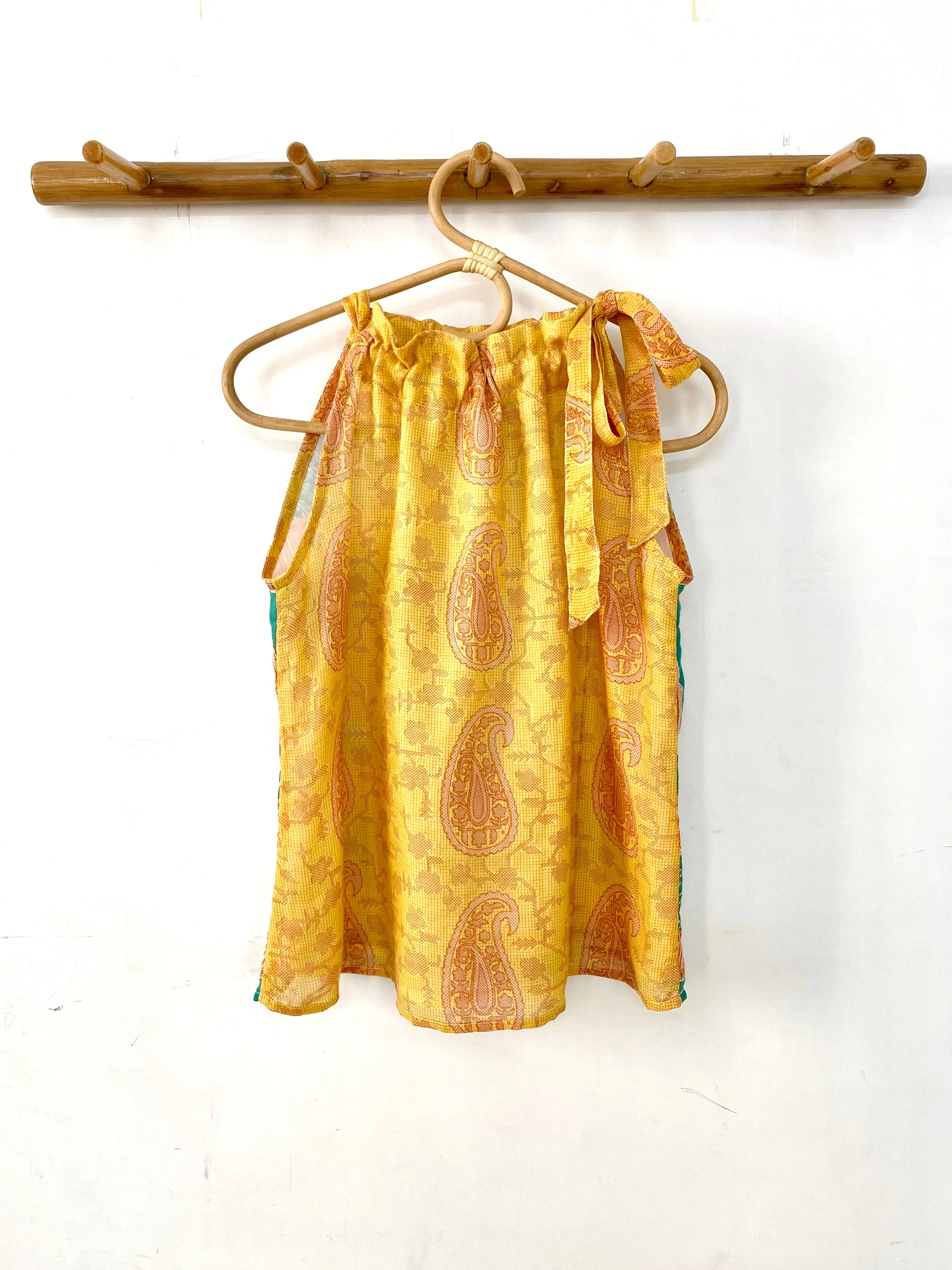 Yellow with Brown Paisley Tie-Neck Halter Top - XS